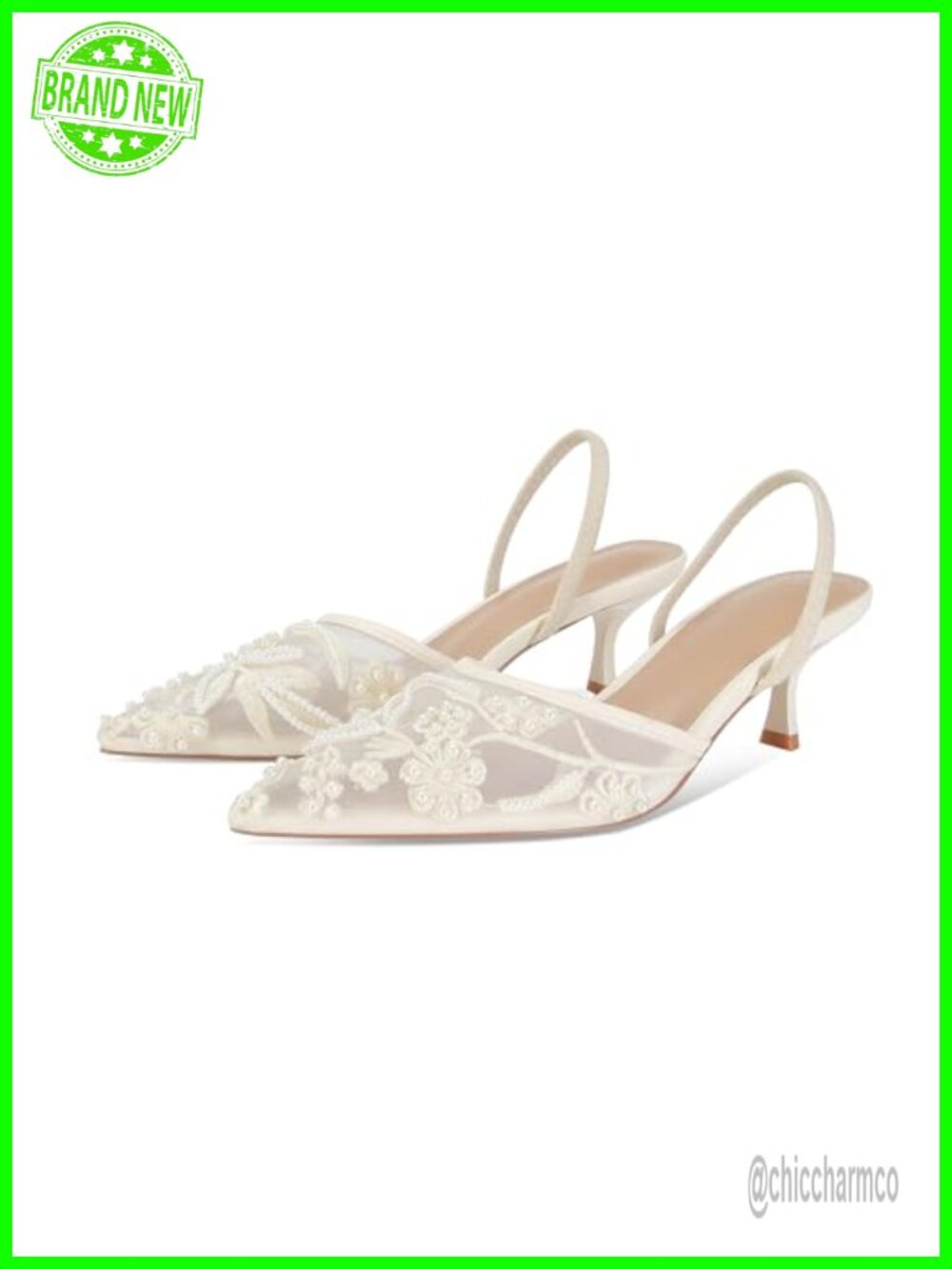 Embroidered Kitten Heels Mesh Floral Slingback Pointed Toe Pearl Slip On